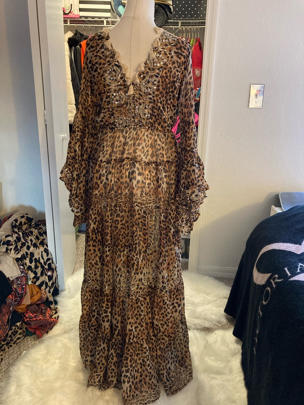 Leopard Print Tiered Maxi Dress with Ruffle V-Neck